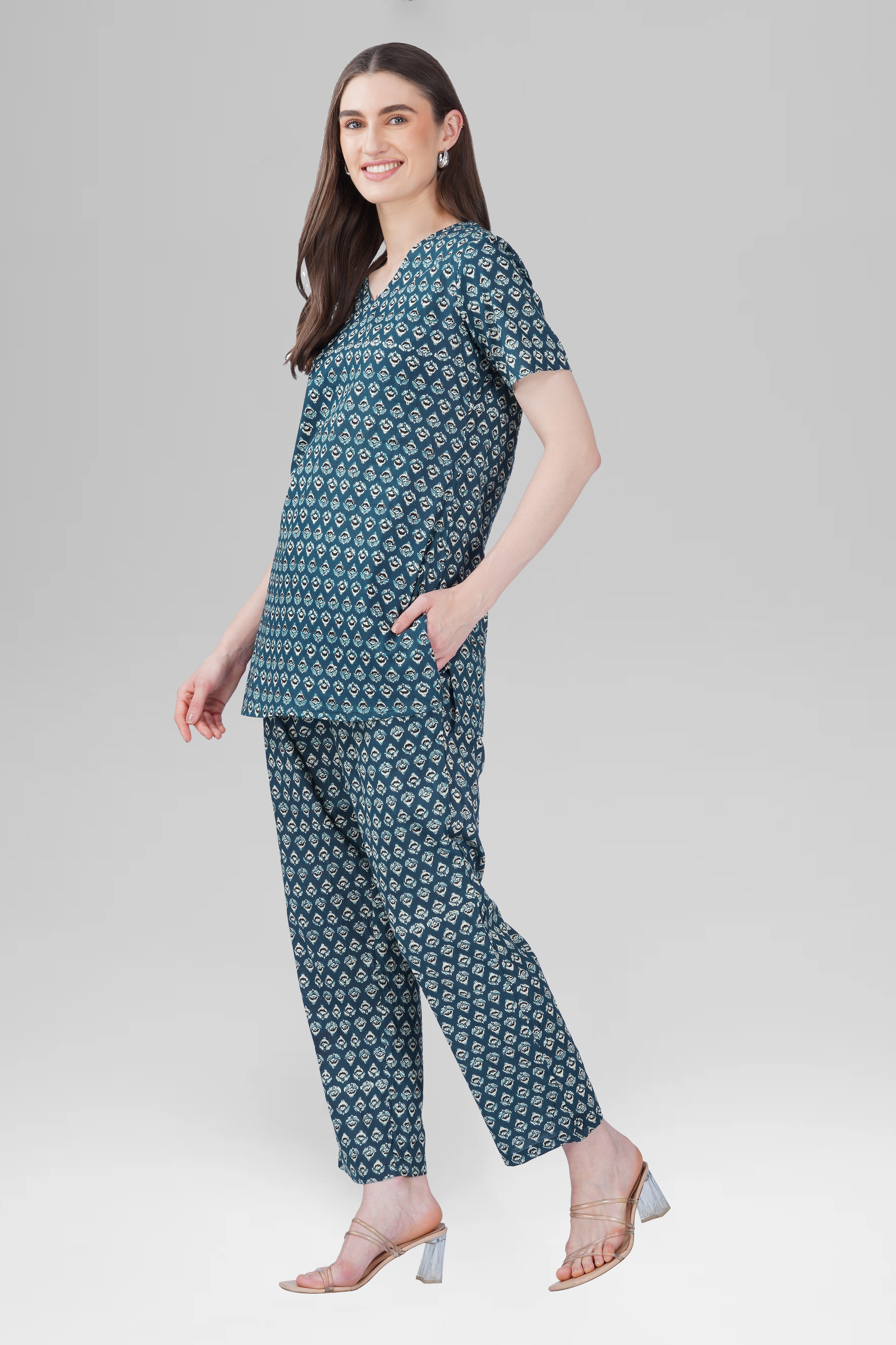Slate Blue V Neck Cotton Printed Pyjama Set