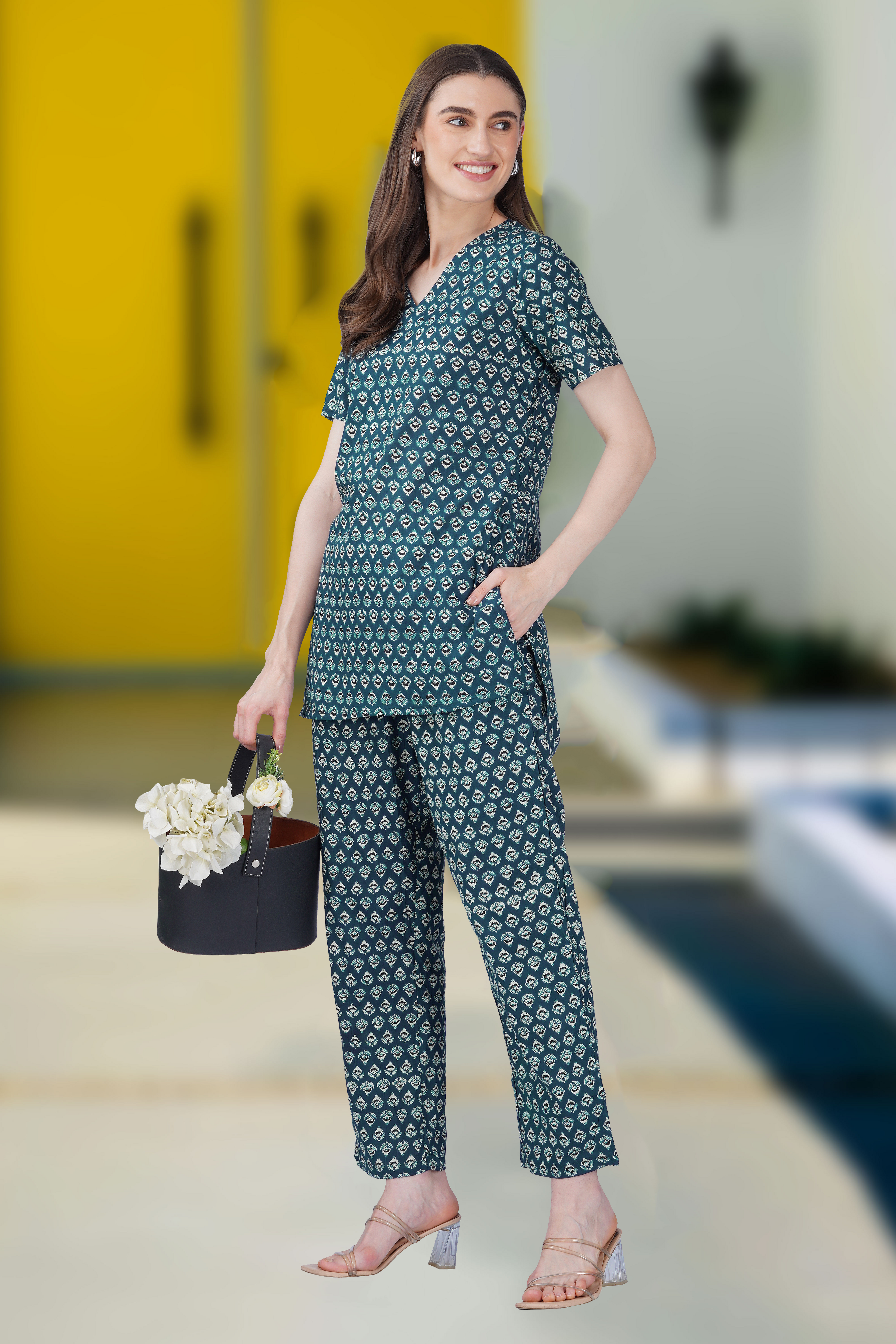 Slate Blue V Neck Cotton Printed Pyjama Set