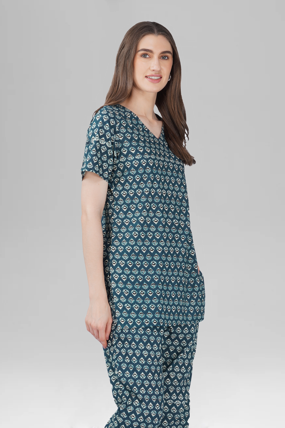 Slate Blue V Neck Cotton Printed Pyjama Set
