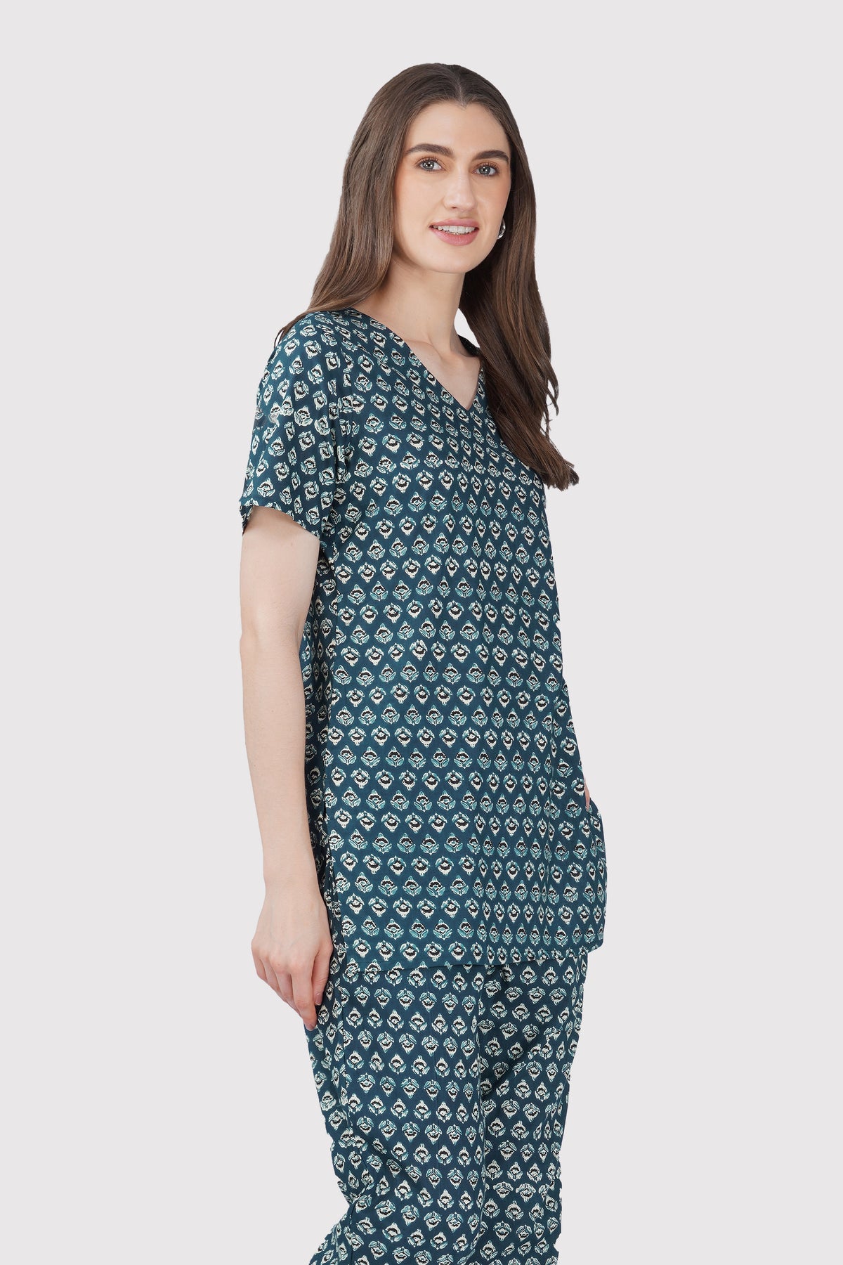 Slate Blue V Neck Cotton Printed Pyjama Set