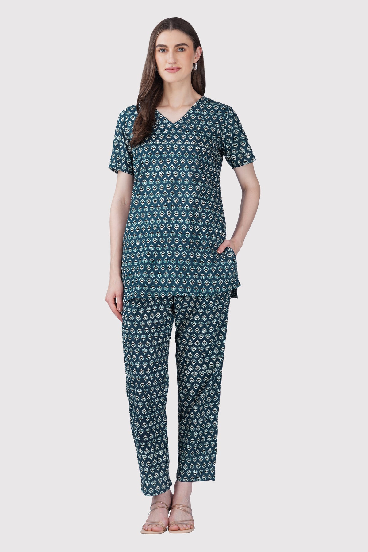 Slate Blue V Neck Cotton Printed Pyjama Set