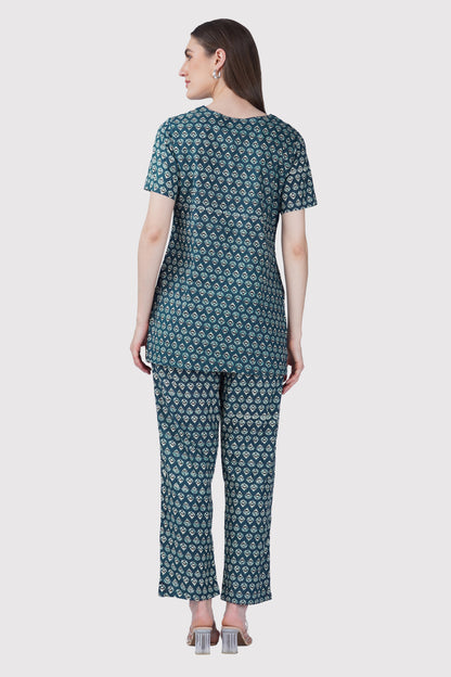 Slate Blue V Neck Cotton Printed Pyjama Set