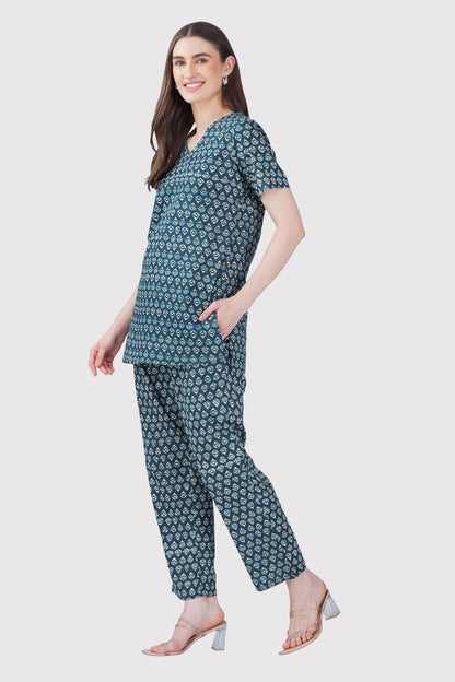 Slate Blue V Neck Cotton Printed Pyjama Set
