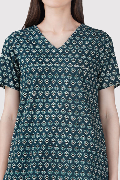 Slate Blue V Neck Cotton Printed Pyjama Set
