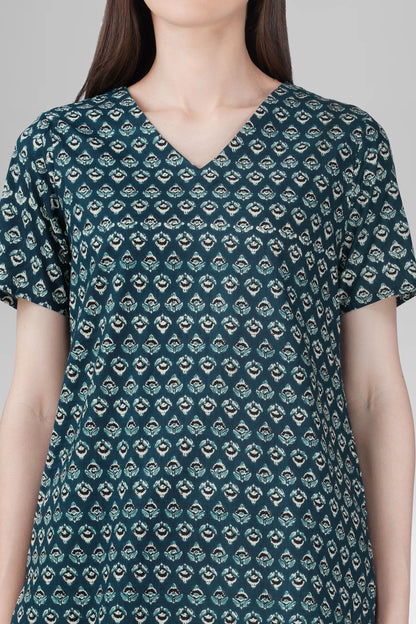 Slate Blue V Neck Cotton Printed Pyjama Set