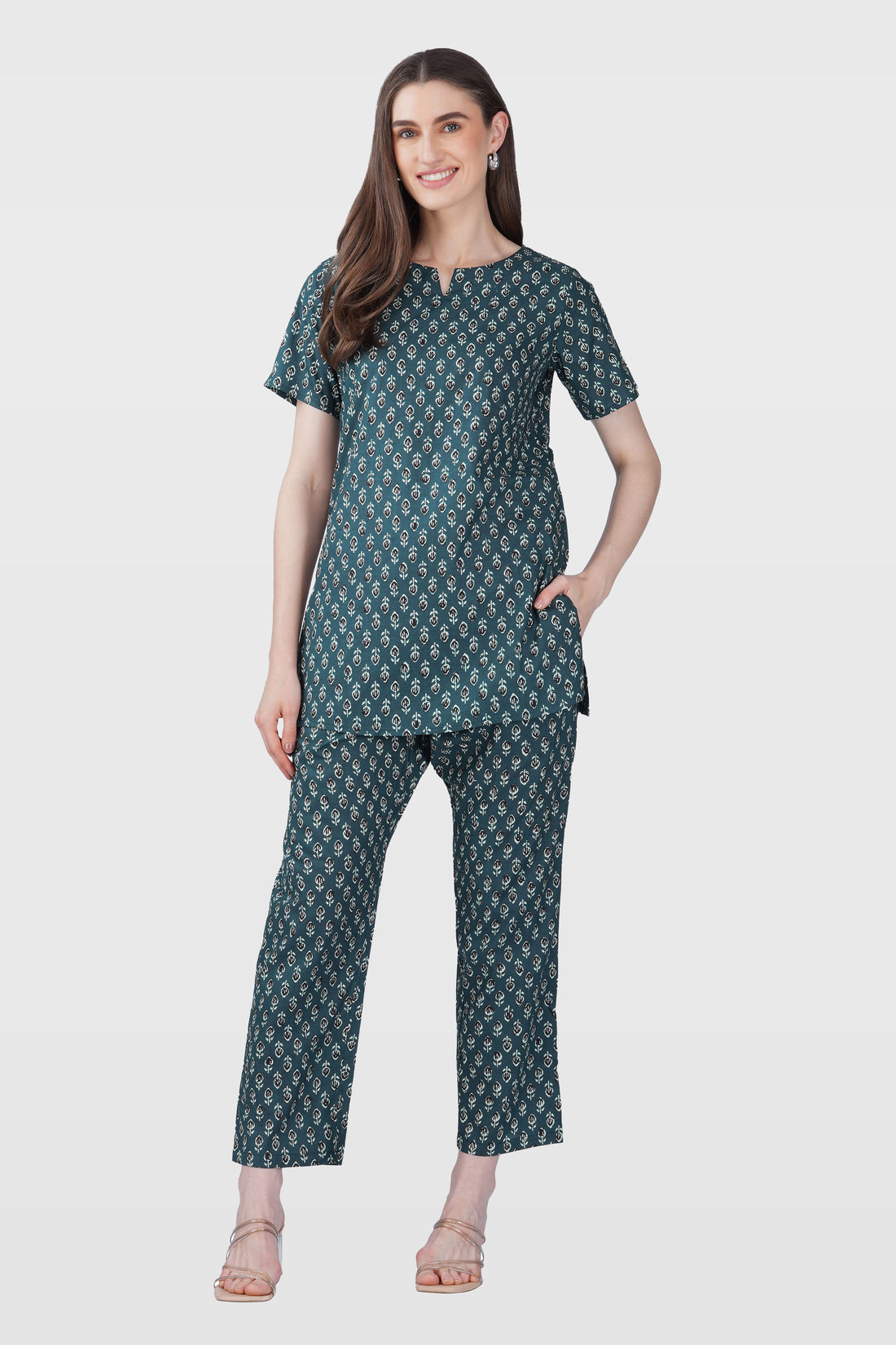 Slate Grey Cotton Printed Pyjama Set