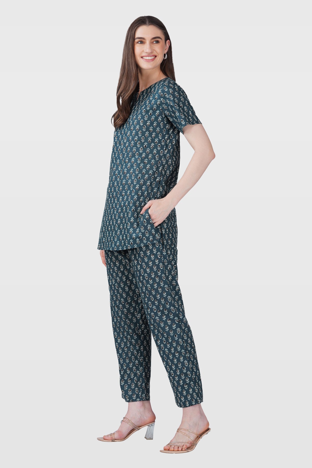 Slate Grey Cotton Printed Pyjama Set