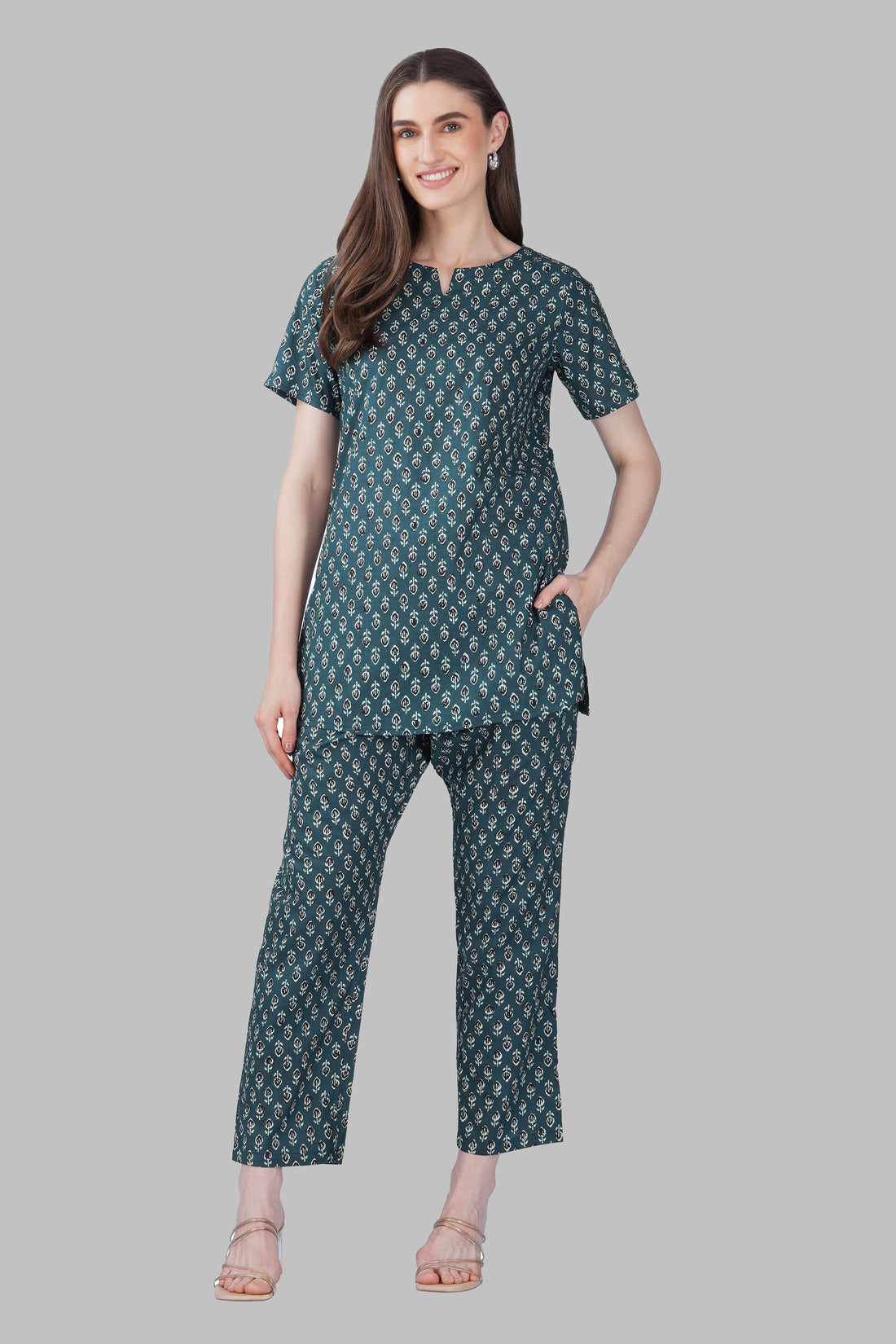 Slate Grey Cotton Printed Pyjama Set
