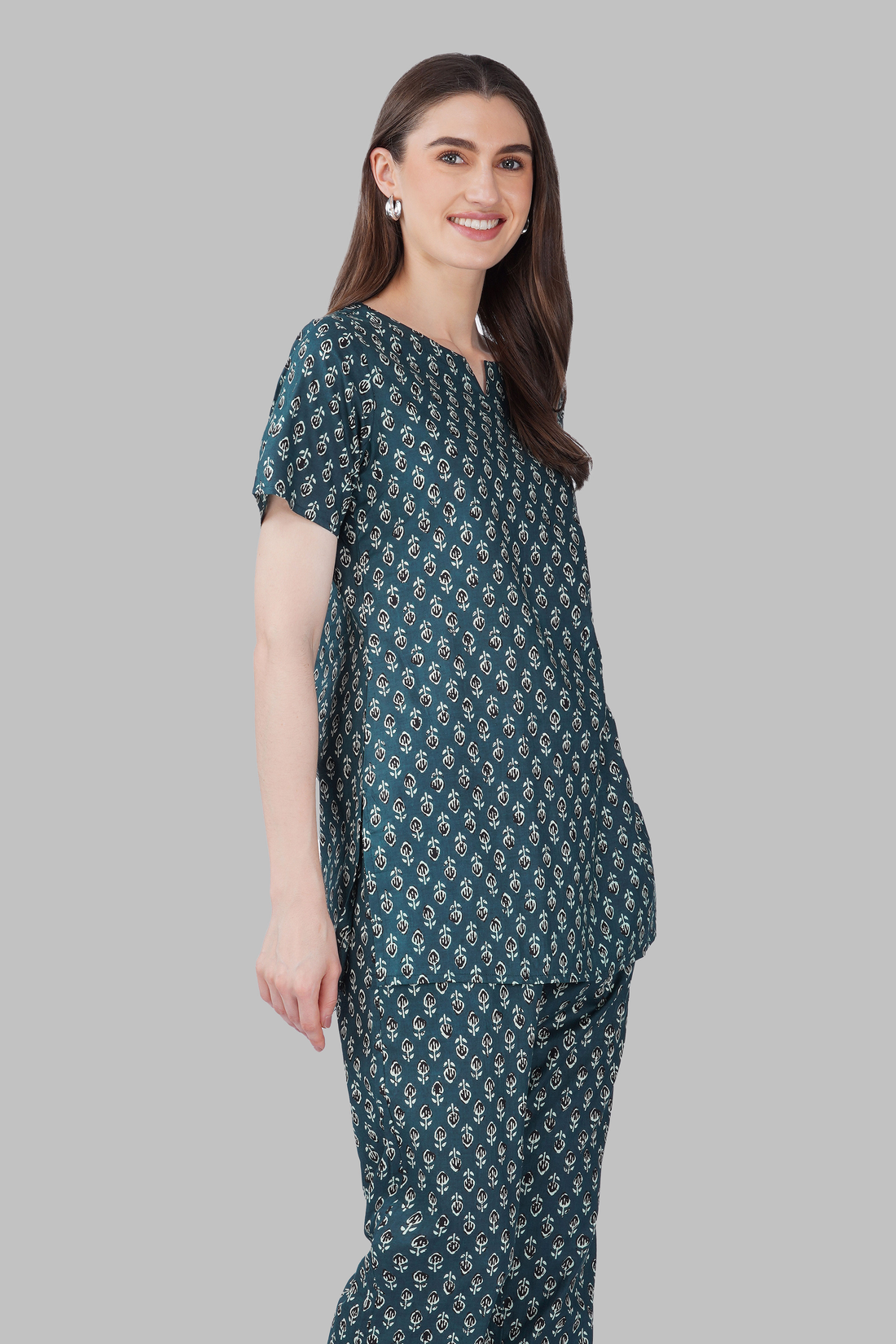 Slate Grey Cotton Printed Pyjama Set
