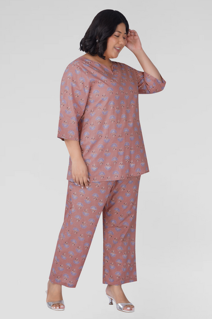 Soft Mauve Plus Size Cotton Printed Pyjama Set