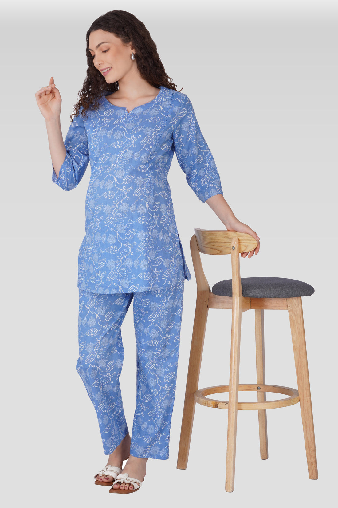 Soft Blue Cotton Printed Maternity and Feeding Pyjama Set