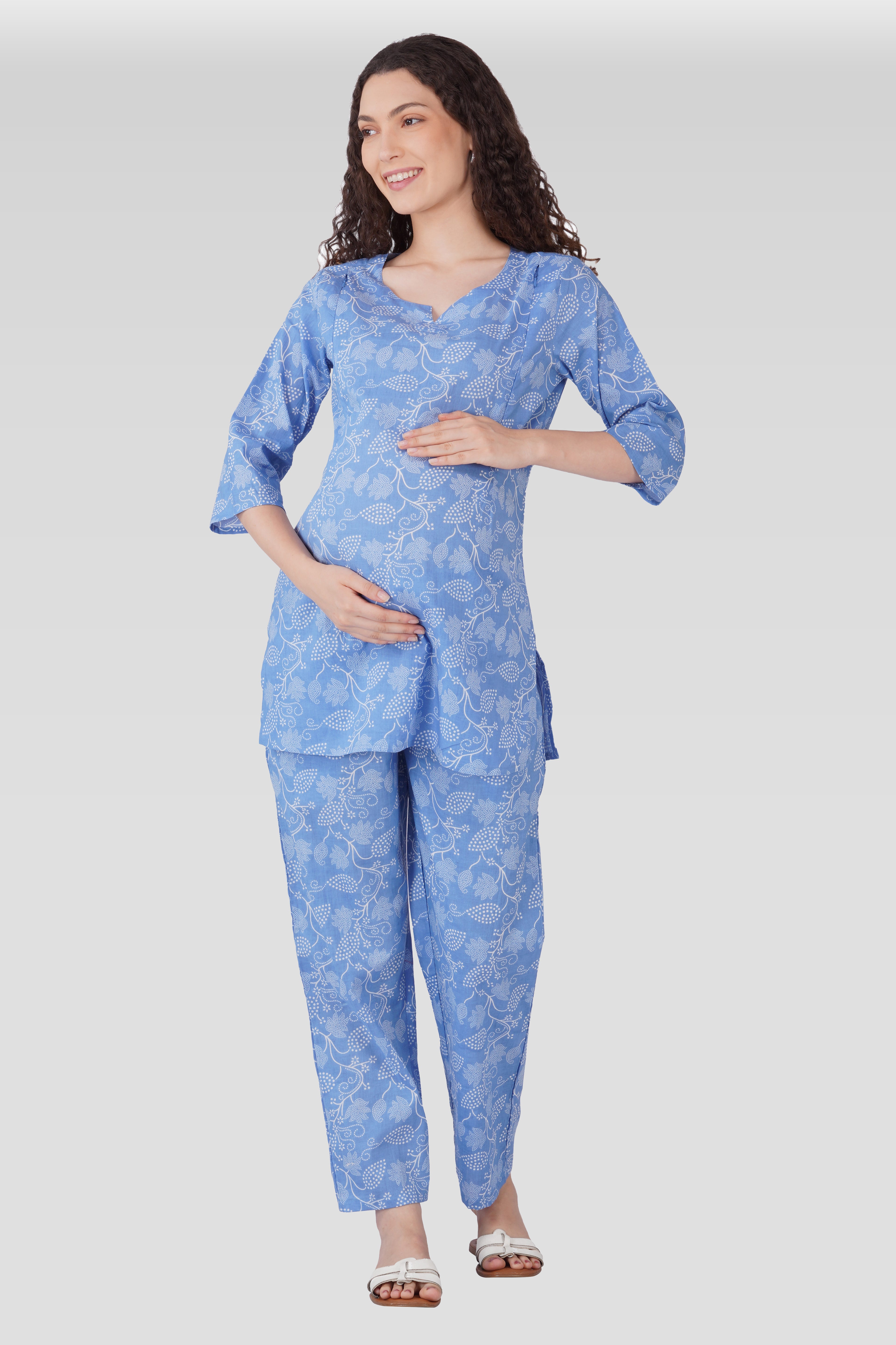 Soft Blue Cotton Printed Maternity and Feeding Pyjama Set