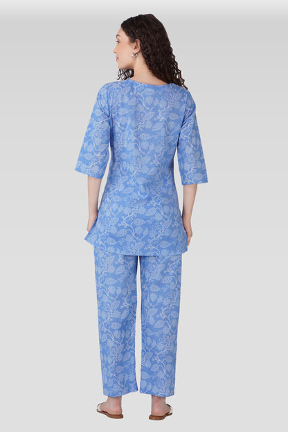 Soft Blue Cotton Printed Maternity and Feeding Pyjama Set