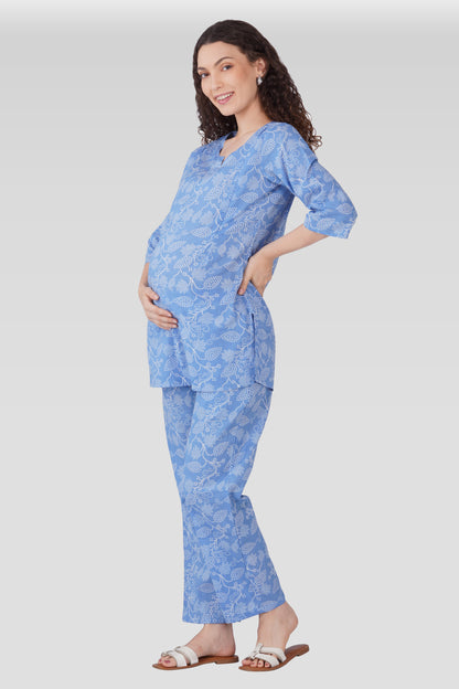 Soft Blue Cotton Printed Maternity and Feeding Pyjama Set