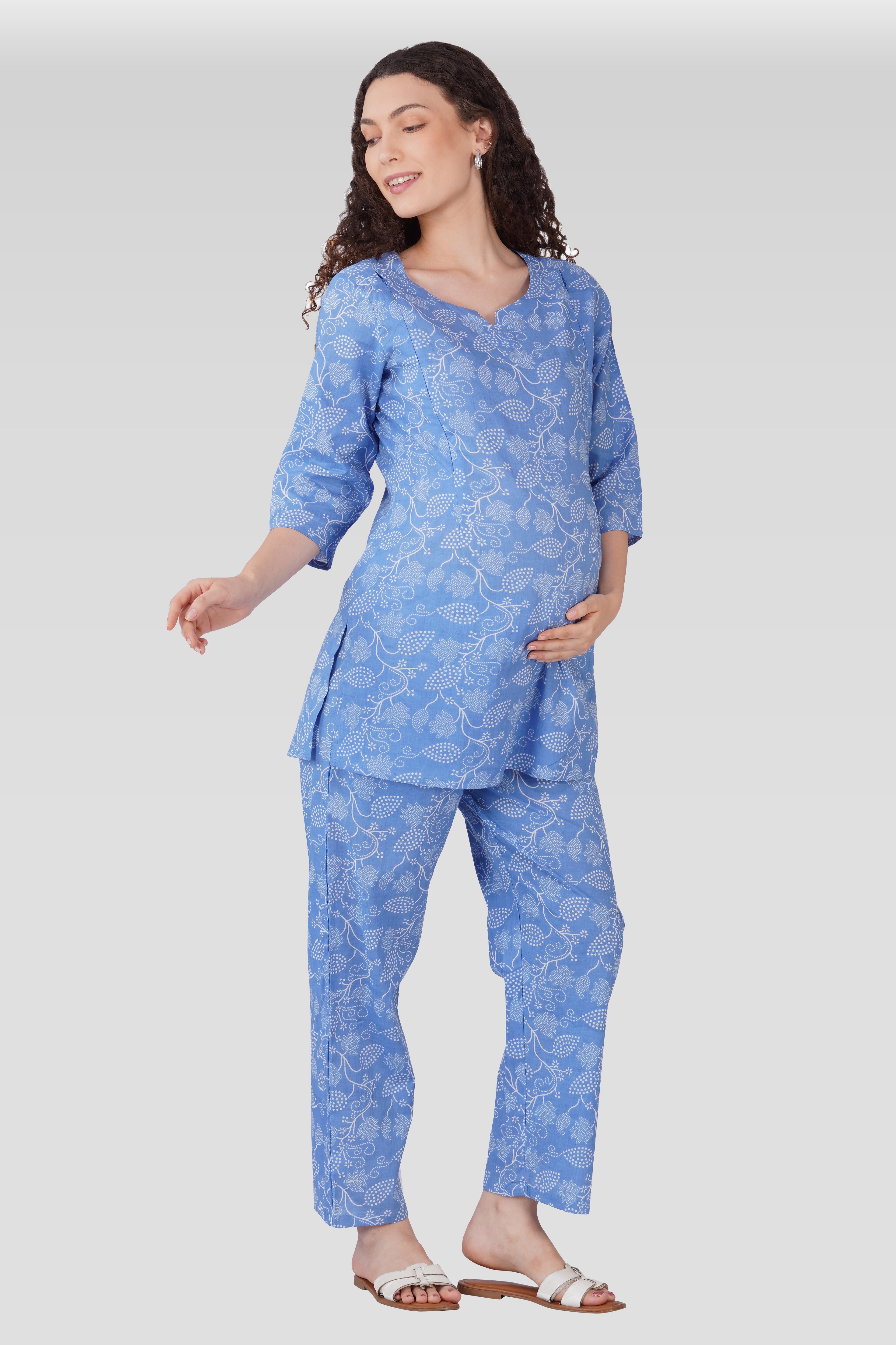 Soft Blue Cotton Printed Maternity and Feeding Pyjama Set