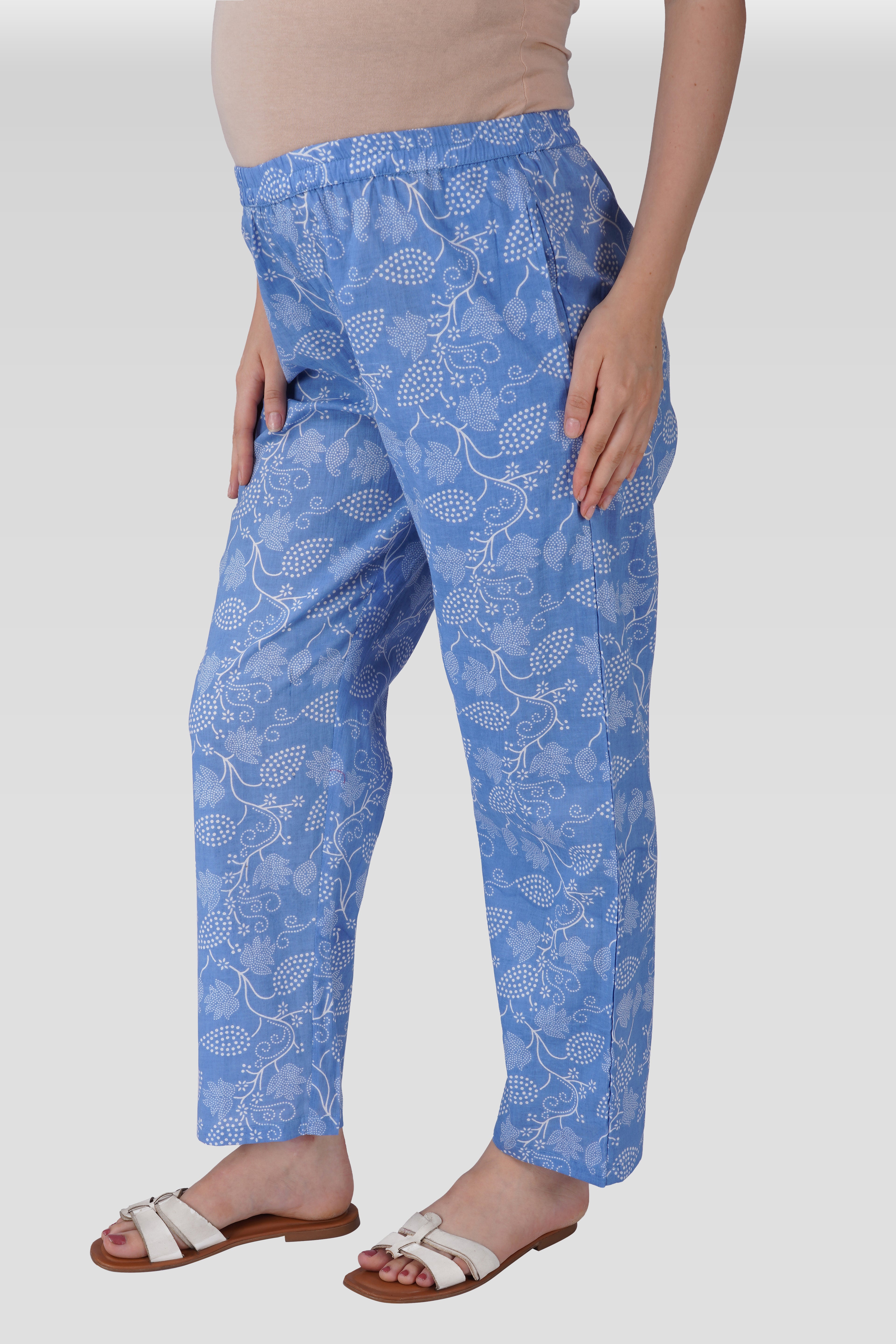 Soft Blue Cotton Printed Maternity and Feeding Pyjama Set