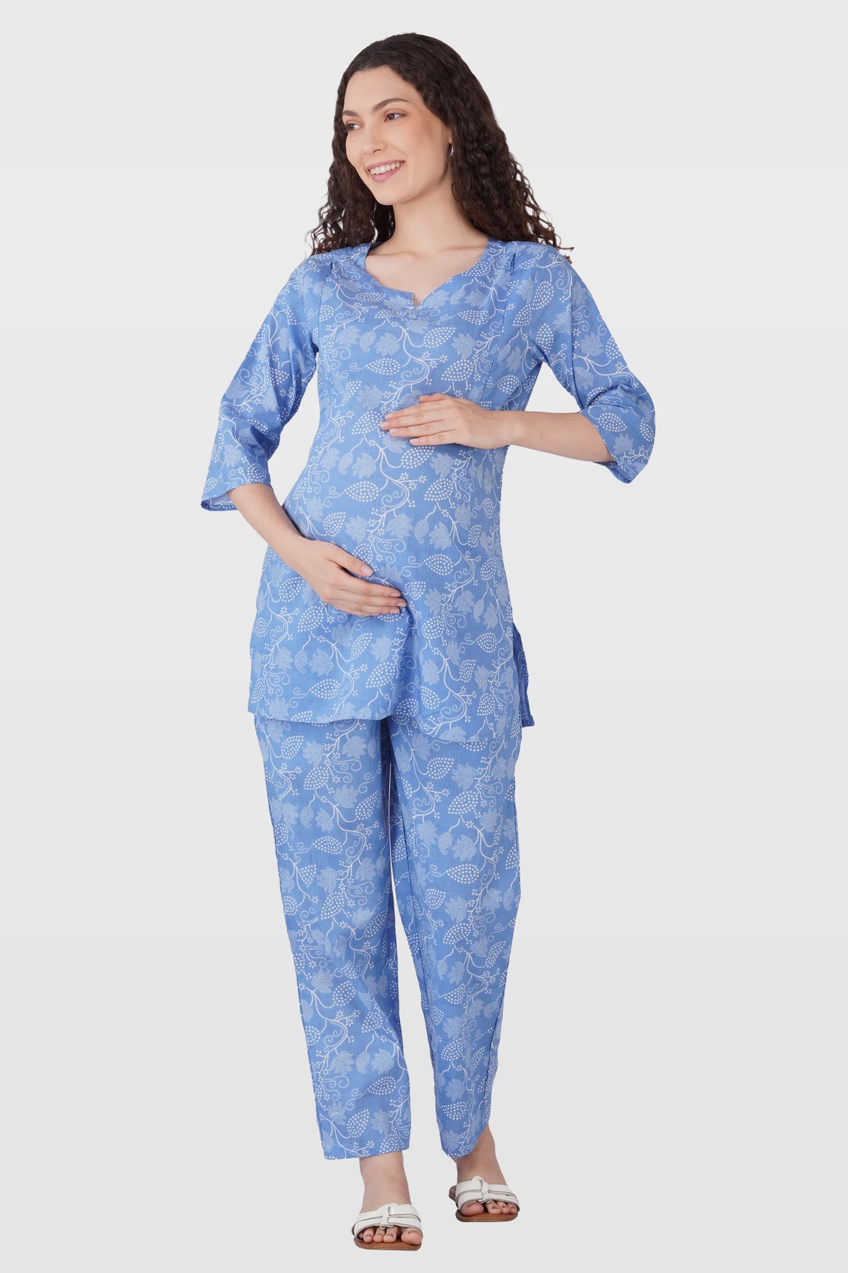 Soft Blue Cotton Printed Maternity and Feeding Pyjama Set