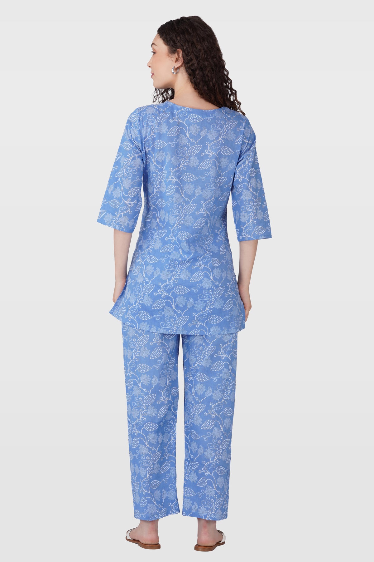 Soft Blue Cotton Printed Maternity and Feeding Pyjama Set