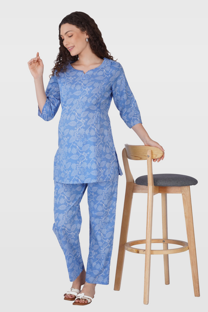 Soft Blue Cotton Printed Maternity and Feeding Pyjama Set