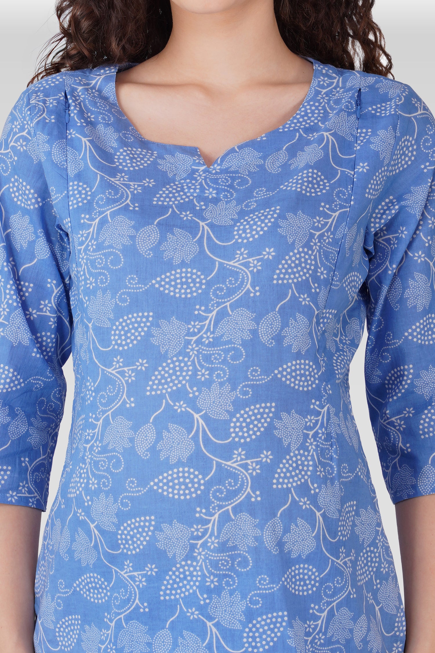 Soft Blue Cotton Printed Maternity and Feeding Pyjama Set
