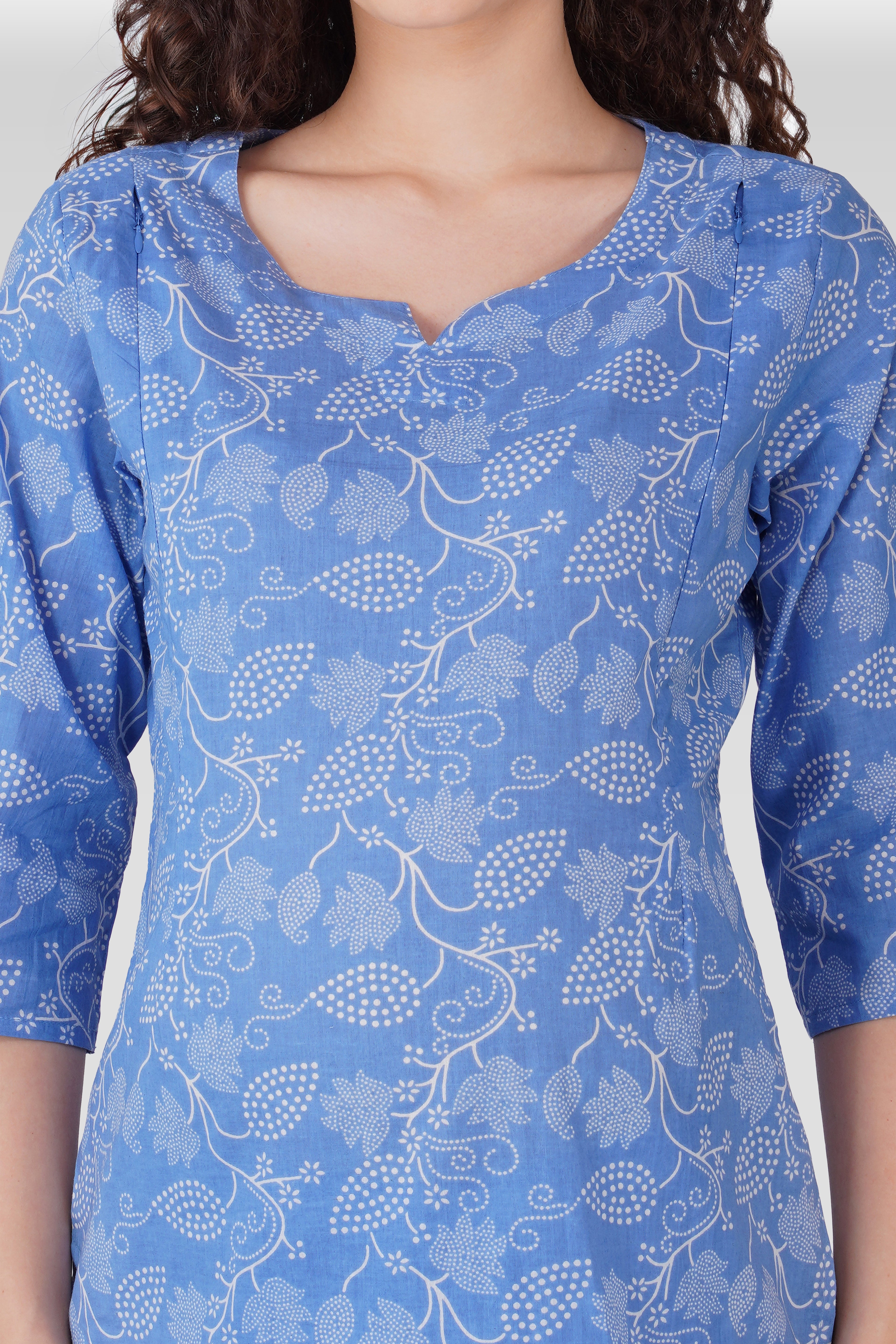 Soft Blue Cotton Printed Maternity and Feeding Pyjama Set