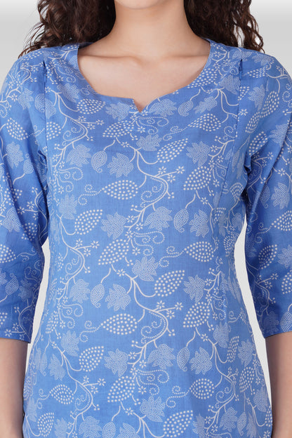 Soft Blue Cotton Printed Maternity and Feeding Pyjama Set