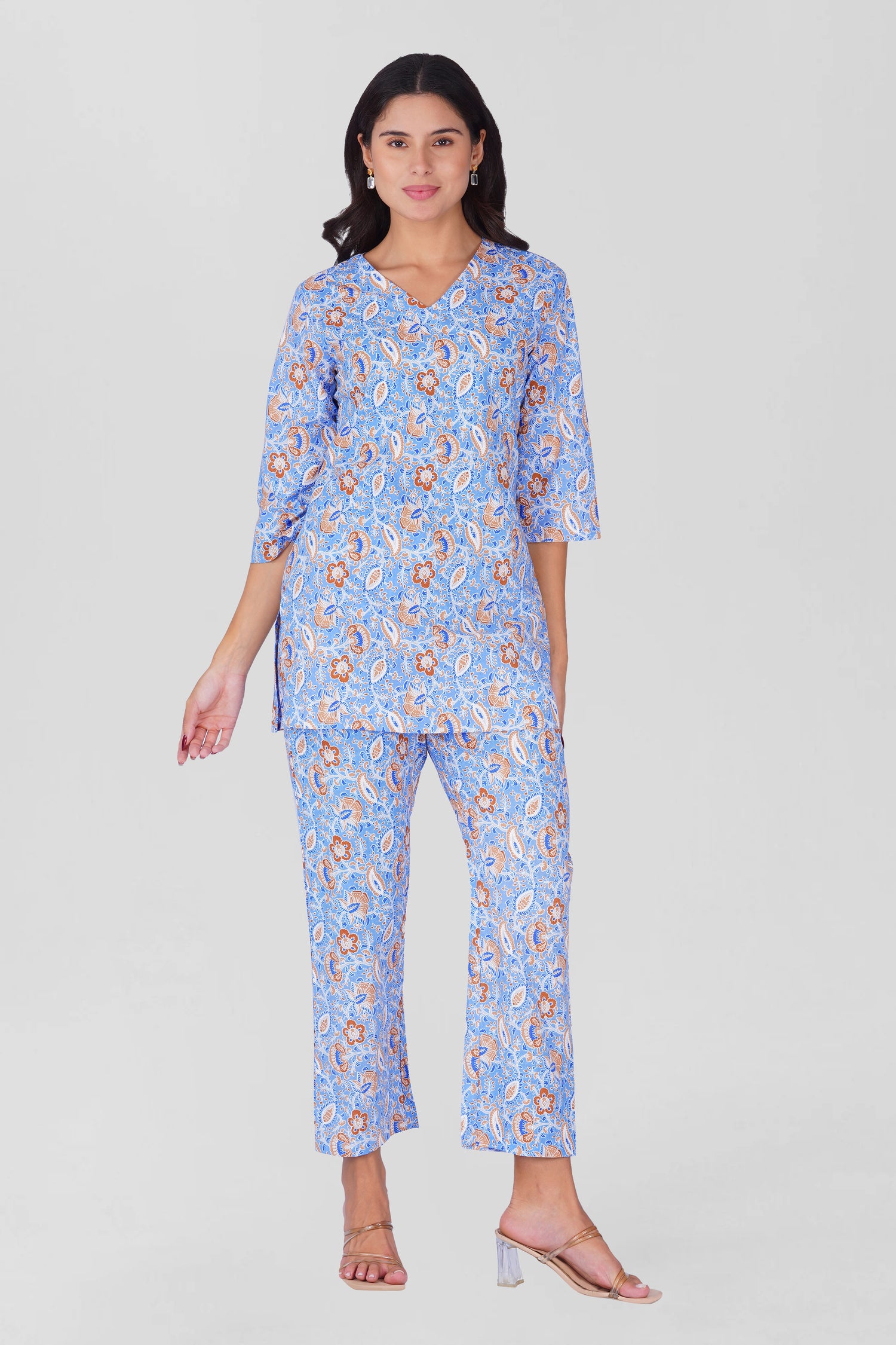 Soft Blue V Neck Cotton Printed Pyjama Set