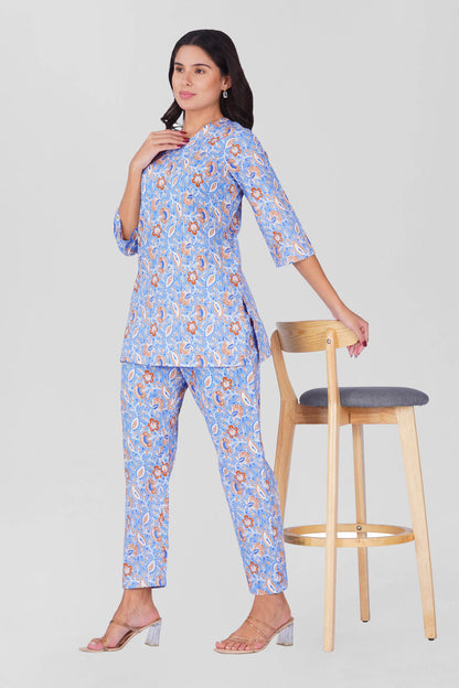 Soft Blue V Neck Cotton Printed Pyjama Set