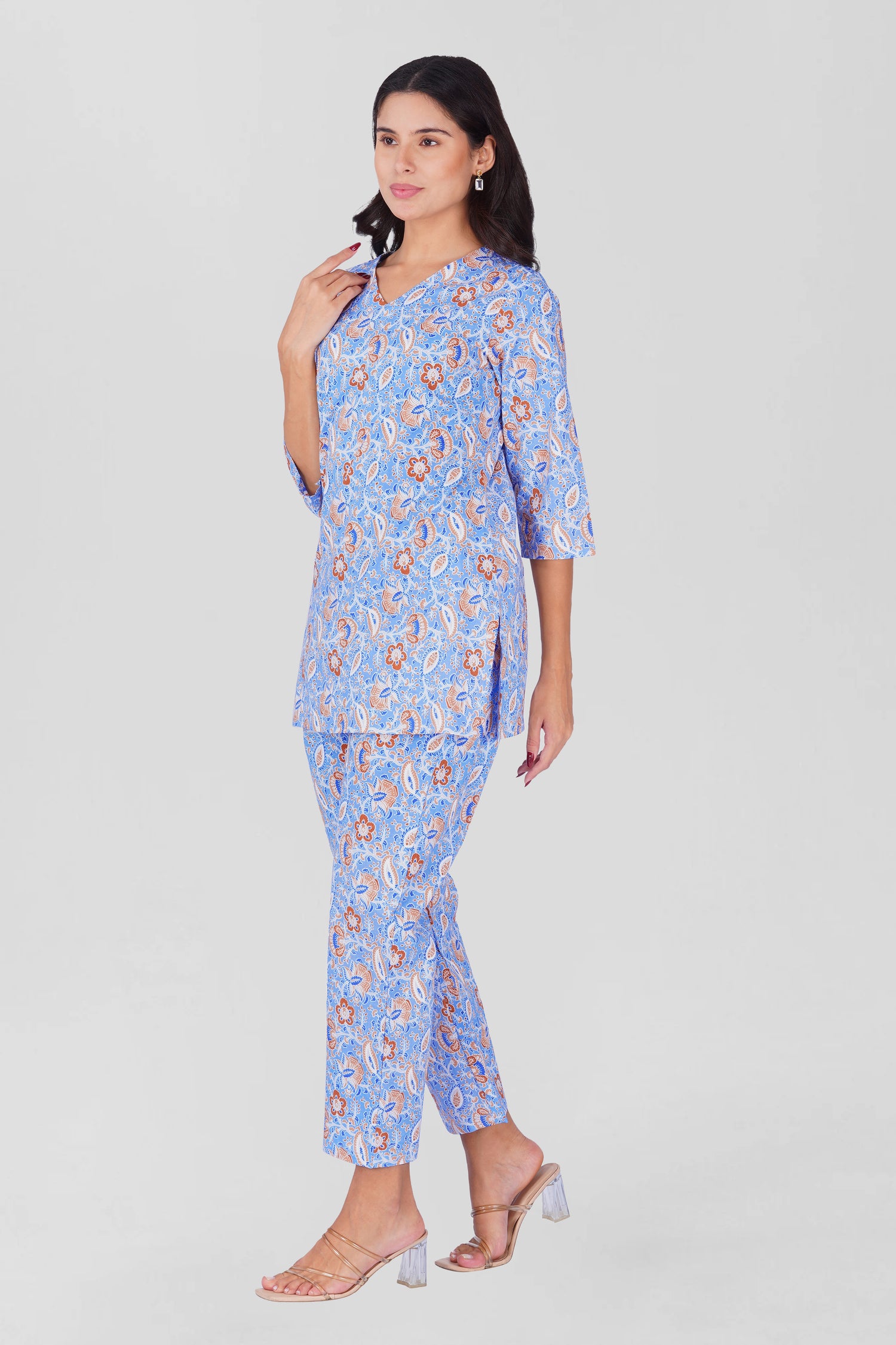Soft Blue V Neck Cotton Printed Pyjama Set
