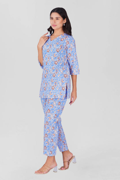 Soft Blue V Neck Cotton Printed Pyjama Set