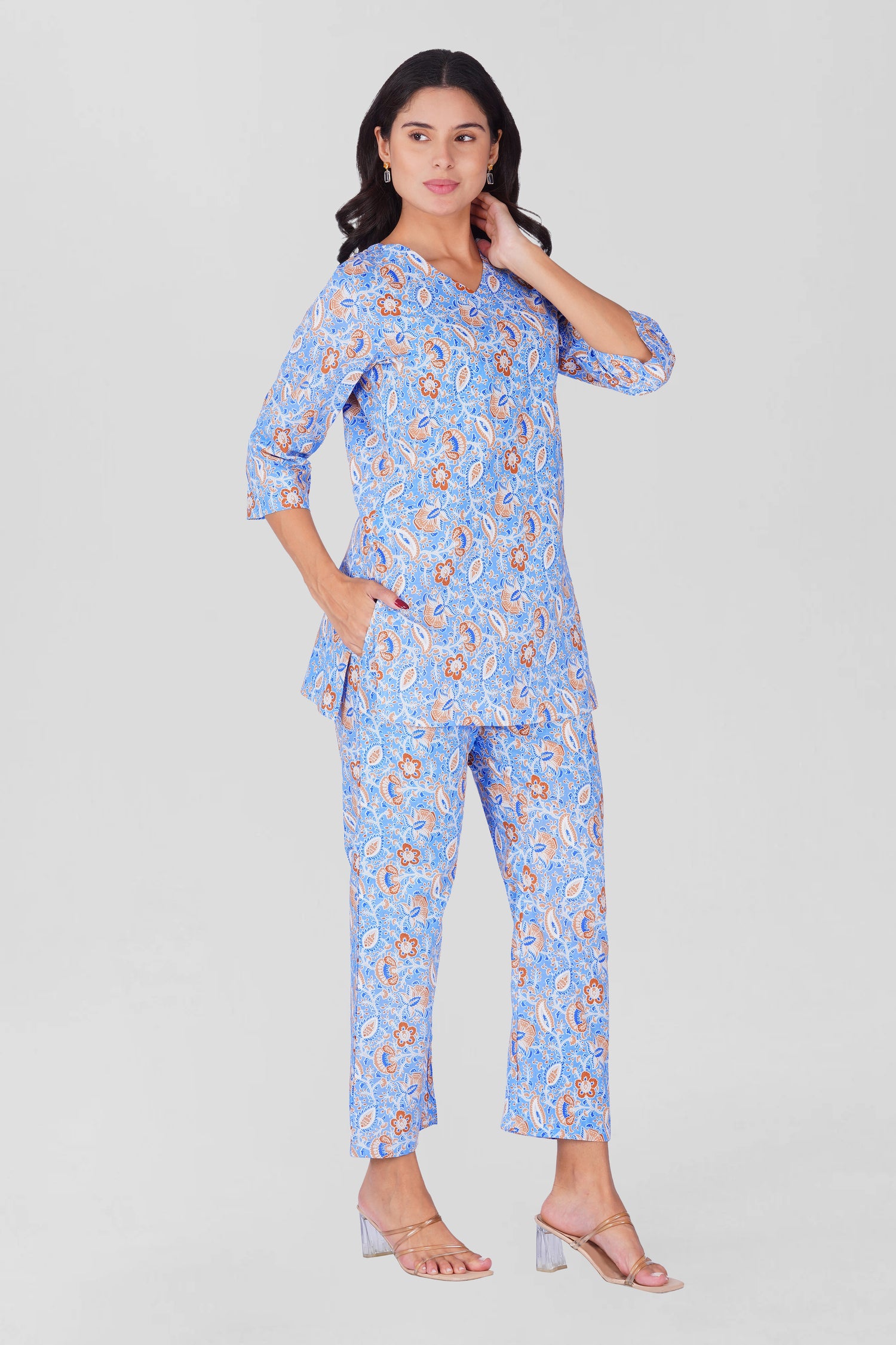 Soft Blue V Neck Cotton Printed Pyjama Set