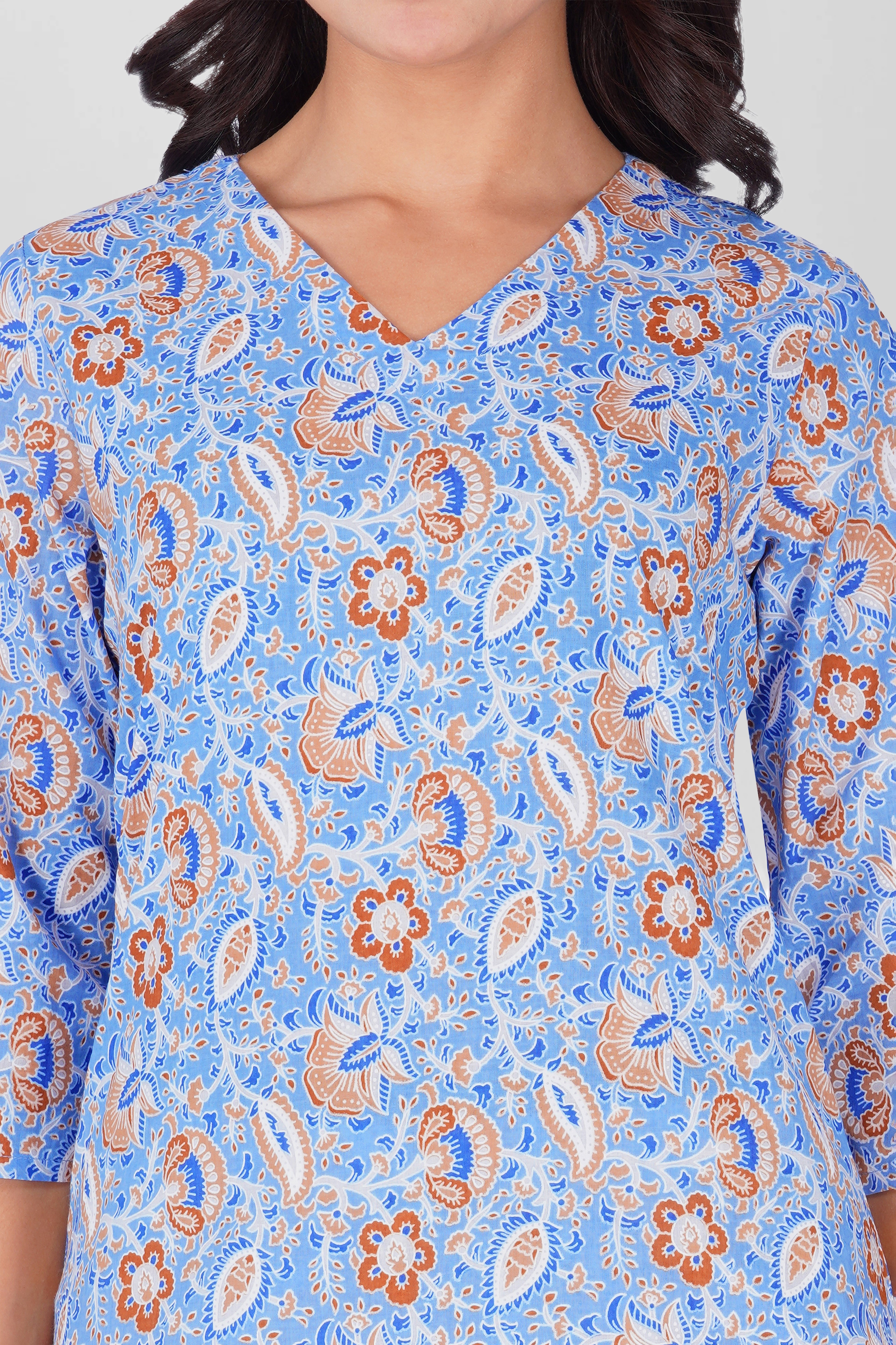 Soft Blue V Neck Cotton Printed Pyjama Set