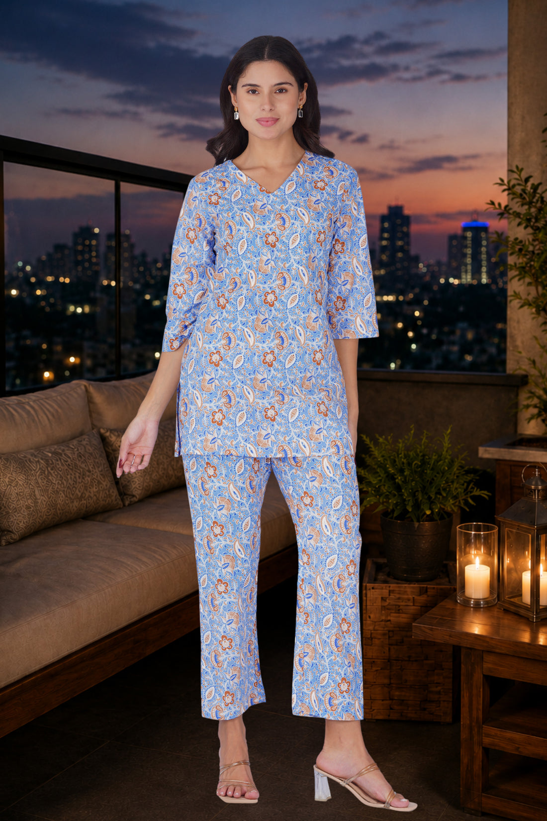 Soft Blue V Neck Cotton Printed Pyjama Set