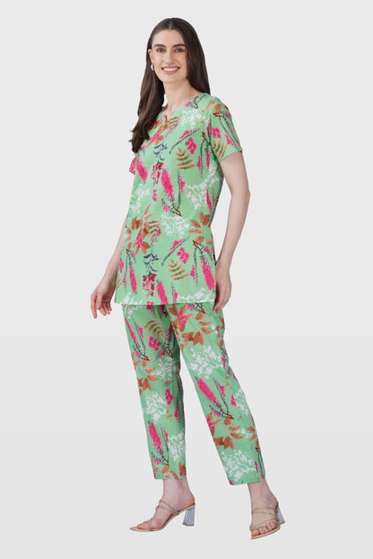 Soft Green Cotton Printed Pyjama Set
