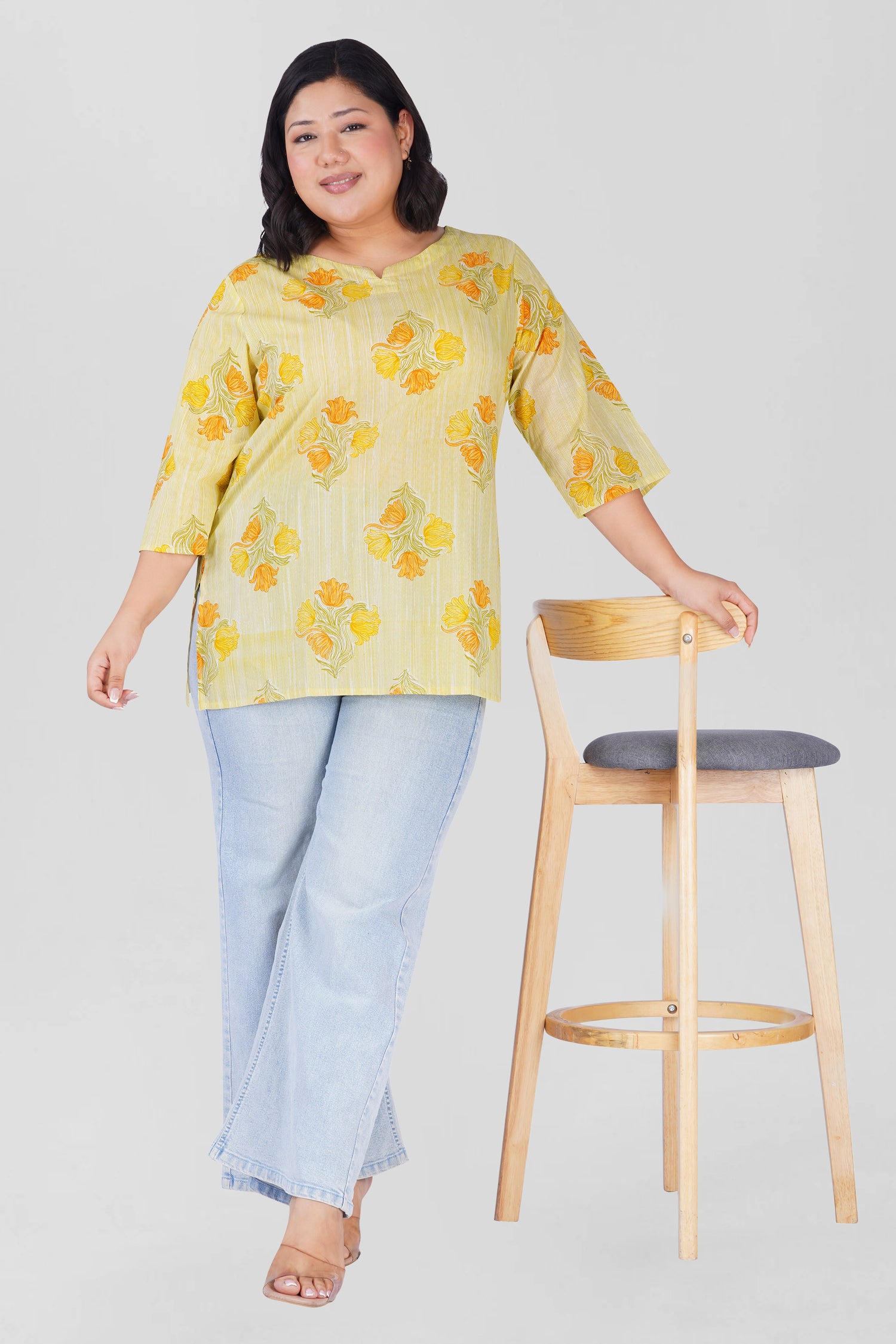 Soft Lemon Yellow Plus Size Cotton Printed Kurti
