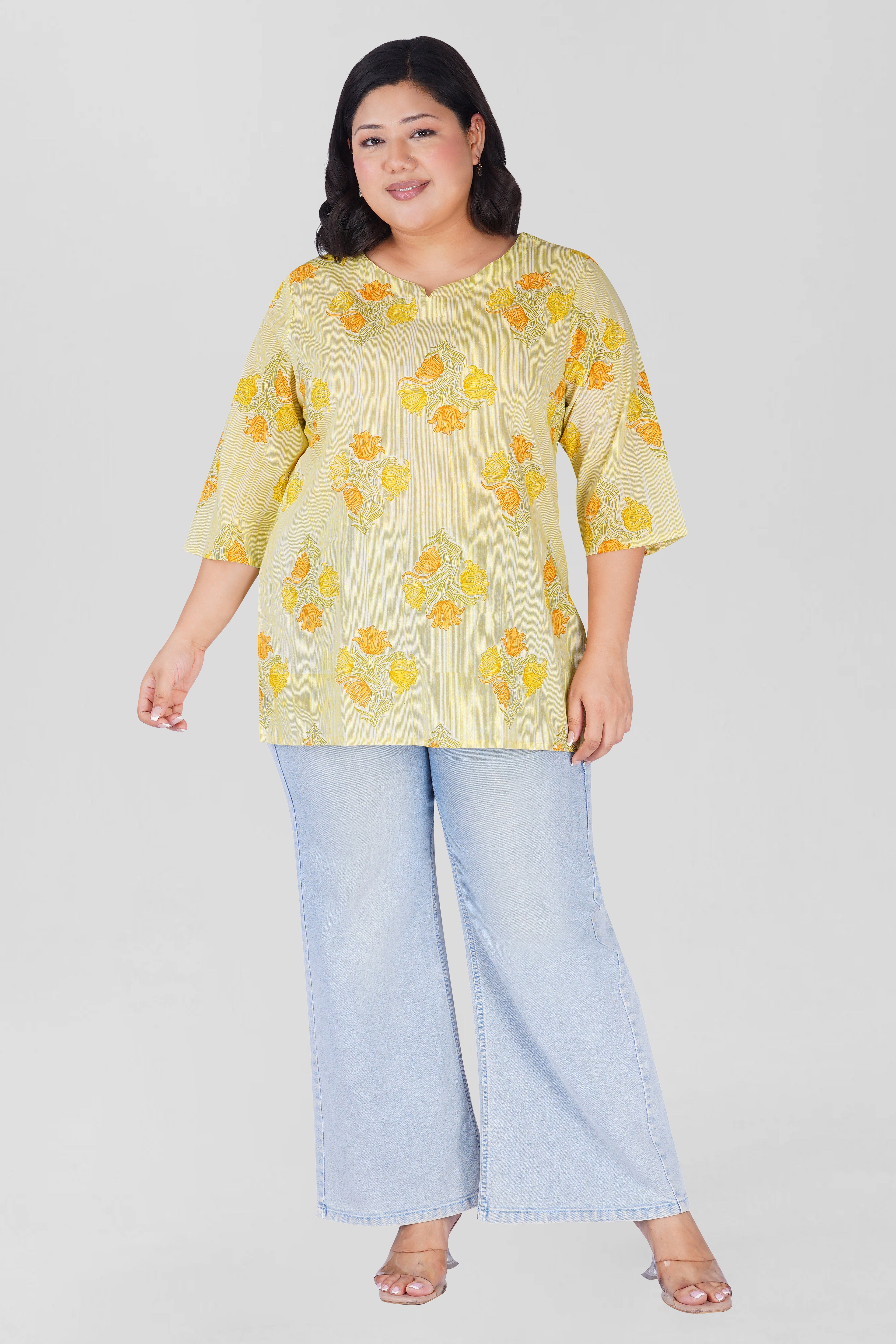 Soft Lemon Yellow Plus Size Cotton Printed Kurti