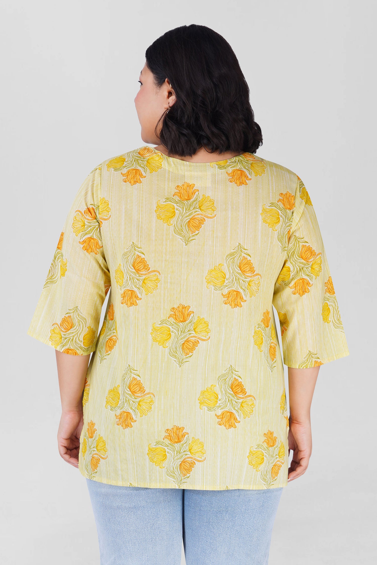 Soft Lemon Yellow Plus Size Cotton Printed Kurti