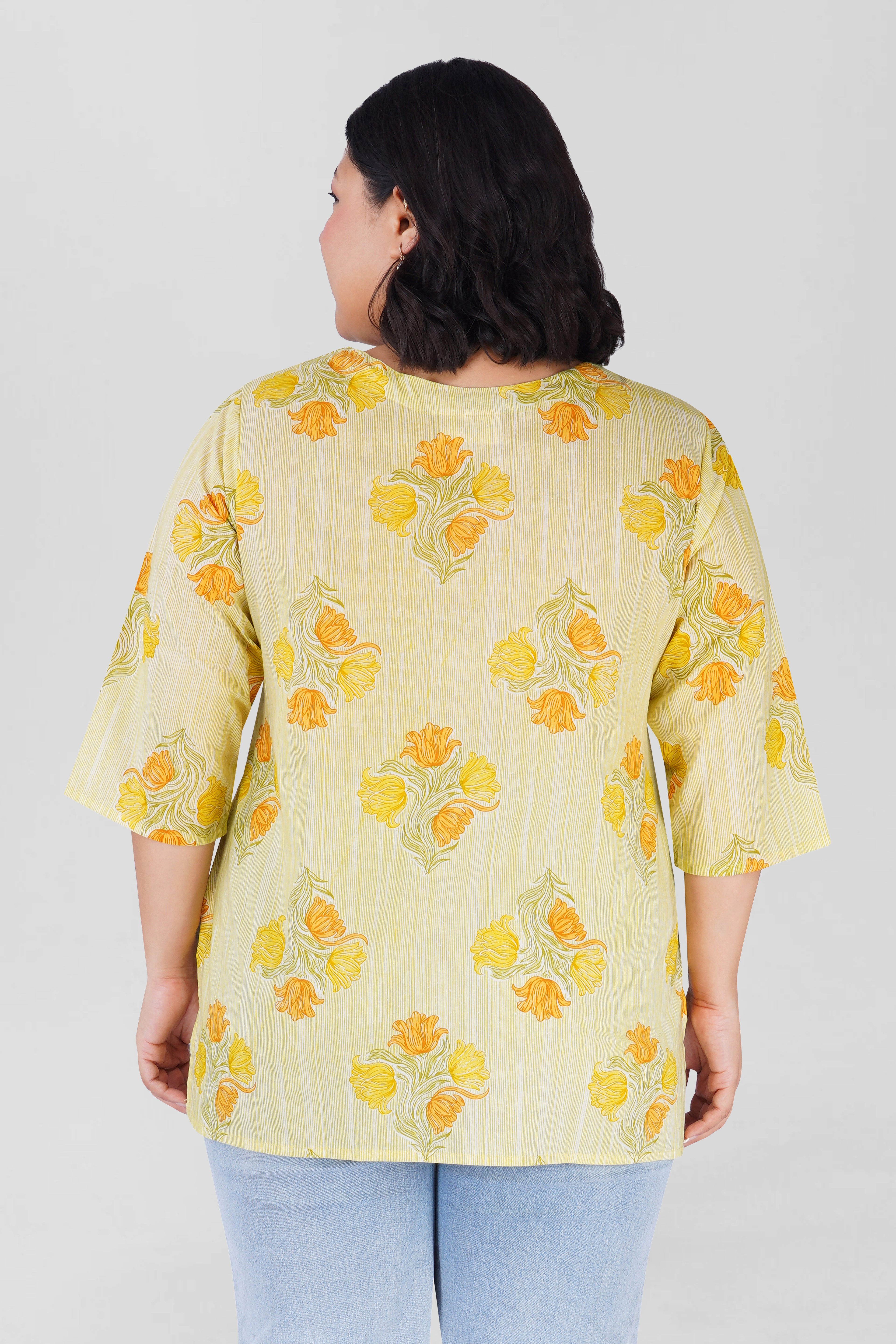 Soft Lemon Yellow Plus Size Cotton Printed Kurti