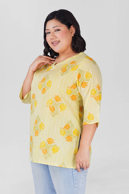 Soft Lemon Yellow Plus Size Cotton Printed Kurti