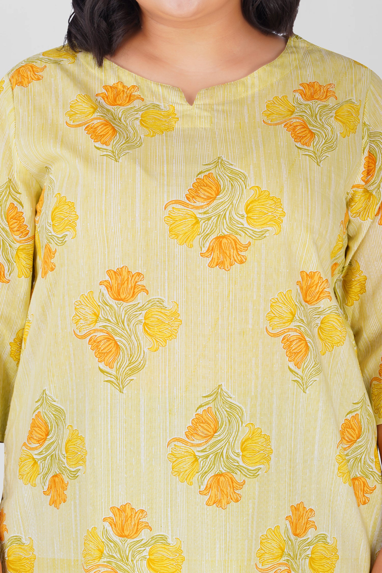 Soft Lemon Yellow Plus Size Cotton Printed Kurti