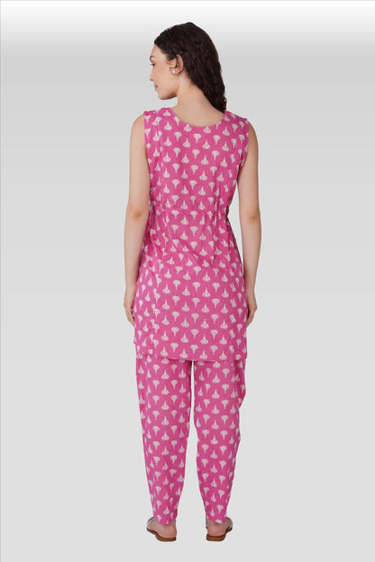 Soft Magenta Cotton Printed  Maternity and Feeding Kurta Set
