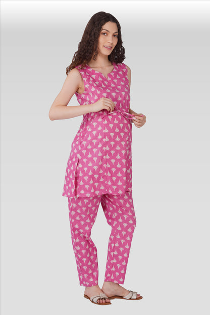 Soft Magenta Cotton Printed  Maternity and Feeding Kurta Set