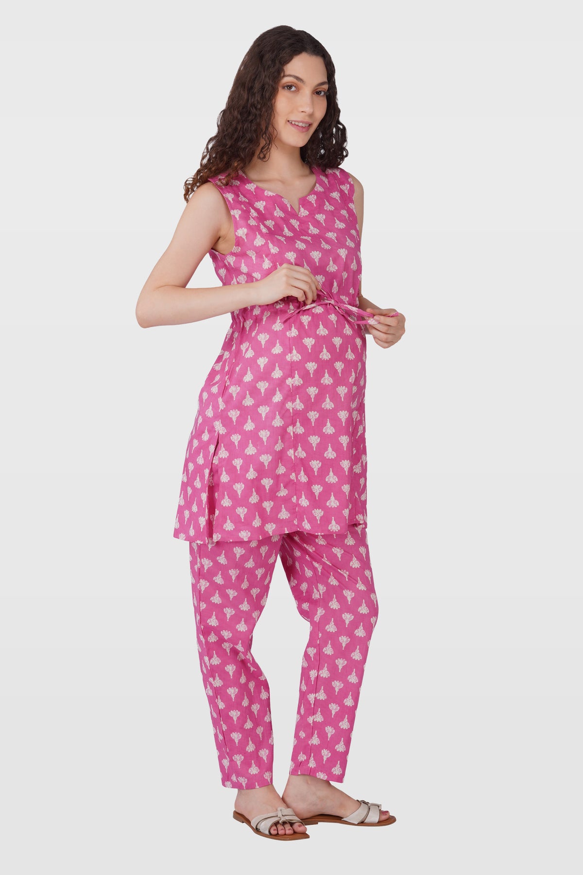 Soft Magenta Cotton Printed  Maternity and Feeding Kurta Set