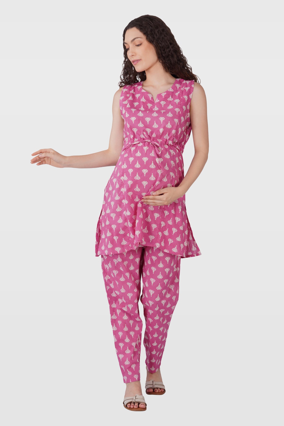 Soft Magenta Cotton Printed Maternity and Feeding Kurta Set