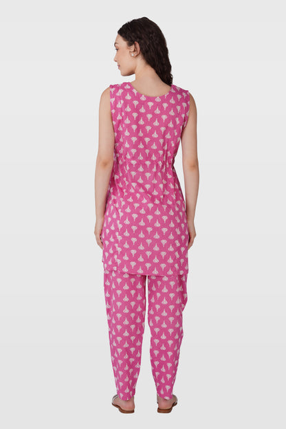 Soft Magenta Cotton Printed Maternity and Feeding Kurta Set