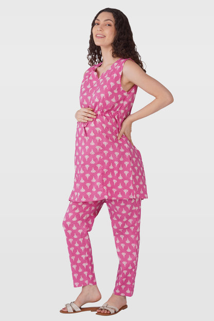 Soft Magenta Cotton Printed  Maternity and Feeding Kurta Set