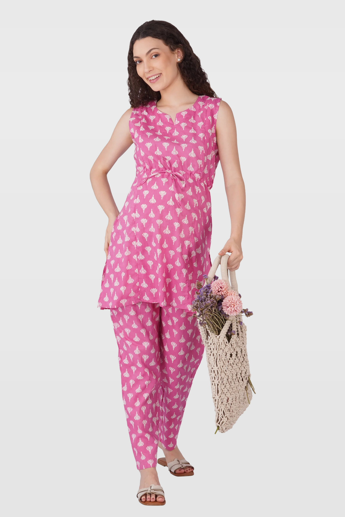 Soft Magenta Cotton Printed  Maternity and Feeding Kurta Set