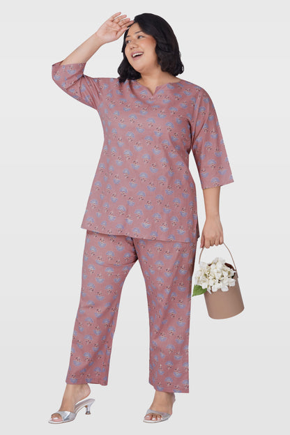 Soft Mauve Plus Size Cotton Printed Pyjama Set