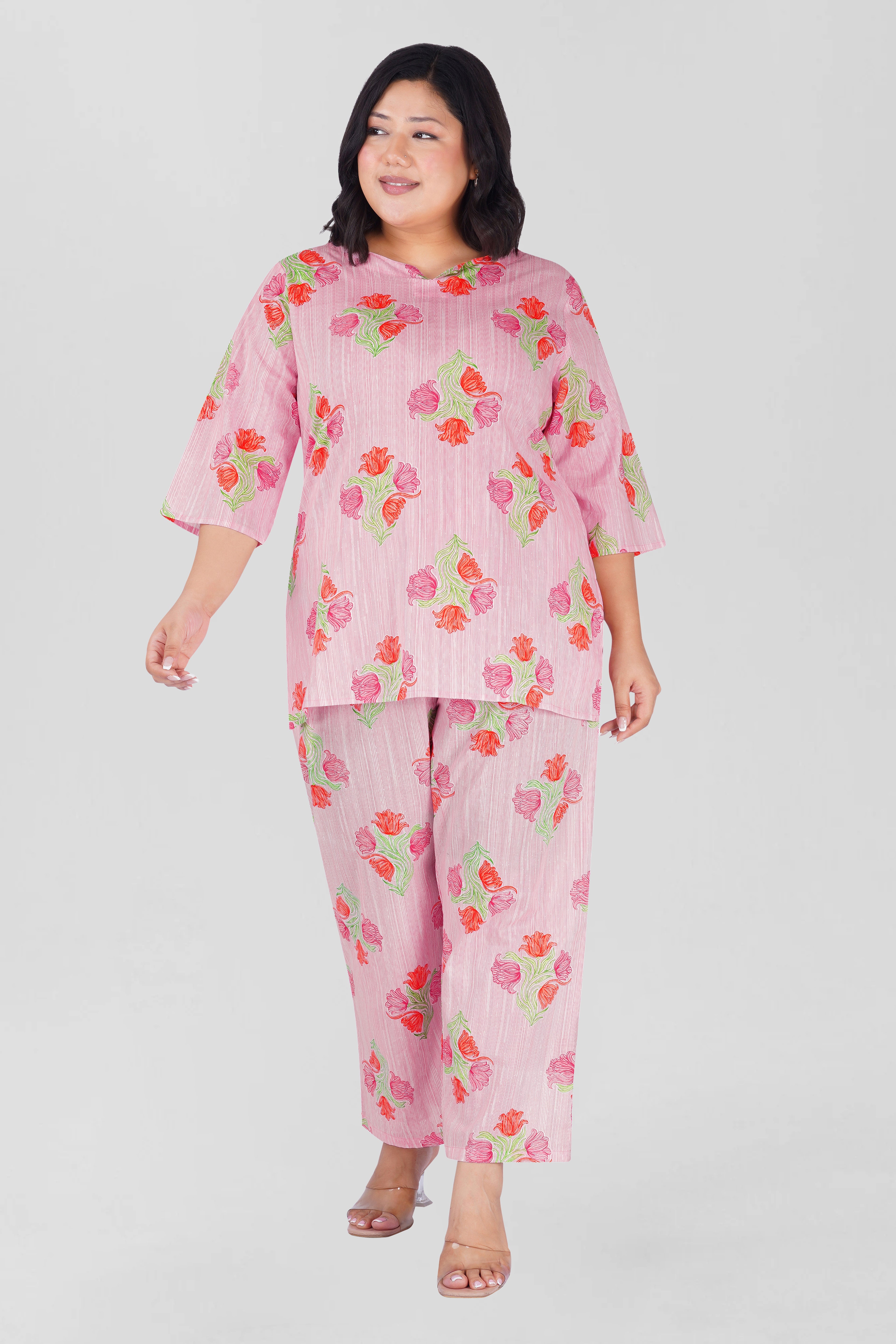 Soft Pink Plus Size Cotton Printed Pyjama Set