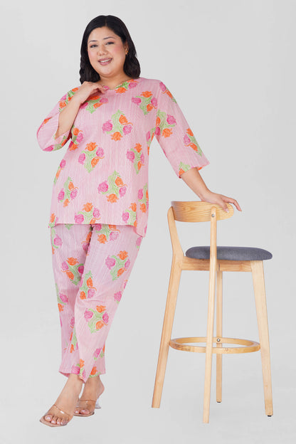 Soft Pink Plus Size Cotton Printed Pyjama Set